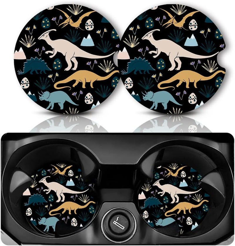 Yonlevres Dinosaur Car Coasters - Anti-Slip Rubber Cup Mat with Finger Notch - 2 Pack for Car Cup Holders - Cute Interior Accessories for Women & Men - Image 1
